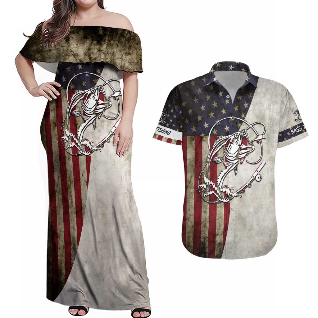 Personalized Distressed American Flag Bass Fishing Couples Matching Off Shoulder Maxi Dress and Hawaiian Shirt Hooked Fish and Rustic Vintage Theme - Wonder Print Shop