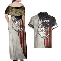 Personalized Distressed American Flag Bass Fishing Couples Matching Off Shoulder Maxi Dress and Hawaiian Shirt Hooked Fish and Rustic Vintage Theme - Wonder Print Shop