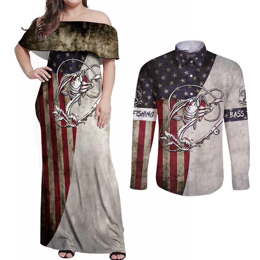 Personalized Distressed American Flag Bass Fishing Couples Matching Off Shoulder Maxi Dress and Long Sleeve Button Shirt Hooked Fish and Rustic Vintage Theme - Wonder Print Shop