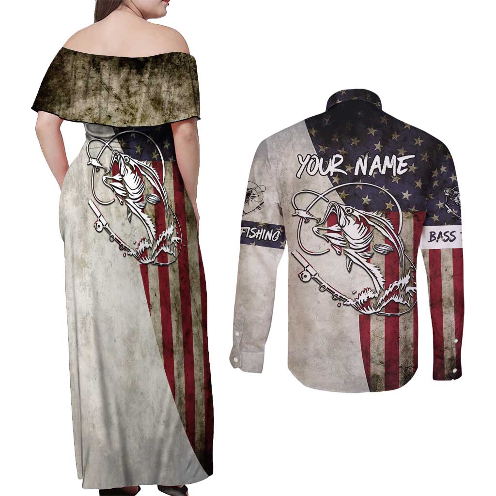 Personalized Distressed American Flag Bass Fishing Couples Matching Off Shoulder Maxi Dress and Long Sleeve Button Shirt Hooked Fish and Rustic Vintage Theme - Wonder Print Shop