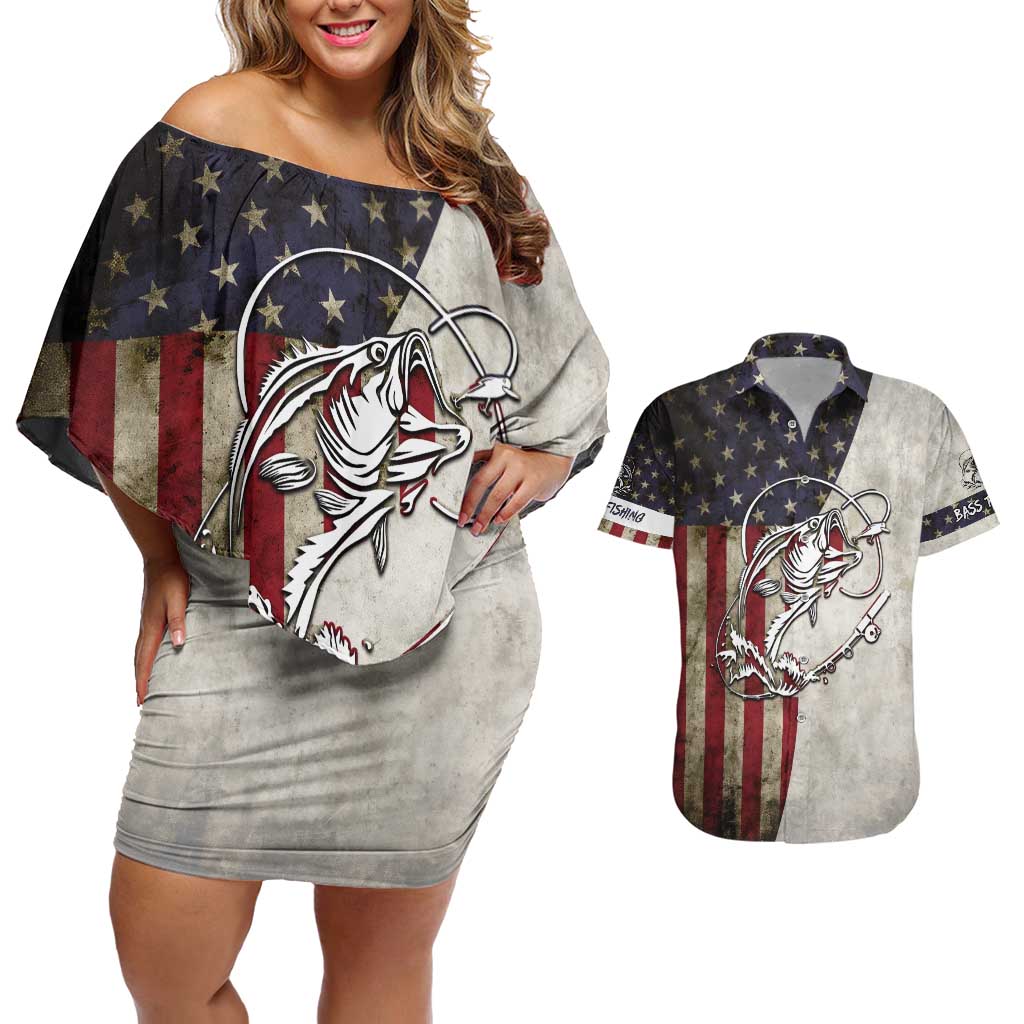 Personalized Distressed American Flag Bass Fishing Couples Matching Off Shoulder Short Dress and Hawaiian Shirt Hooked Fish and Rustic Vintage Theme - Wonder Print Shop