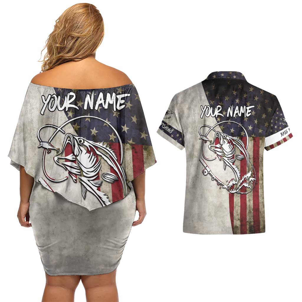 Personalized Distressed American Flag Bass Fishing Couples Matching Off Shoulder Short Dress and Hawaiian Shirt Hooked Fish and Rustic Vintage Theme - Wonder Print Shop