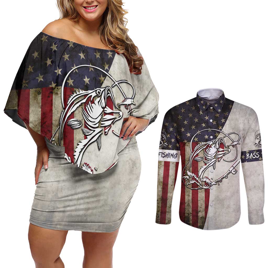 Personalized Distressed American Flag Bass Fishing Couples Matching Off Shoulder Short Dress and Long Sleeve Button Shirt Hooked Fish and Rustic Vintage Theme - Wonder Print Shop