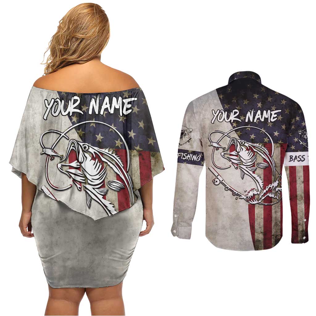 Personalized Distressed American Flag Bass Fishing Couples Matching Off Shoulder Short Dress and Long Sleeve Button Shirt Hooked Fish and Rustic Vintage Theme - Wonder Print Shop