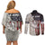 Personalized Distressed American Flag Bass Fishing Couples Matching Off Shoulder Short Dress and Long Sleeve Button Shirt Hooked Fish and Rustic Vintage Theme - Wonder Print Shop