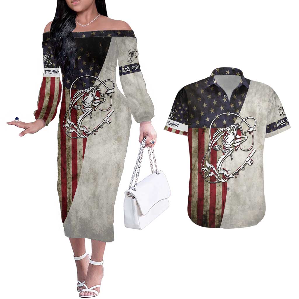 Personalized Distressed American Flag Bass Fishing Couples Matching Off The Shoulder Long Sleeve Dress and Hawaiian Shirt Hooked Fish and Rustic Vintage Theme - Wonder Print Shop