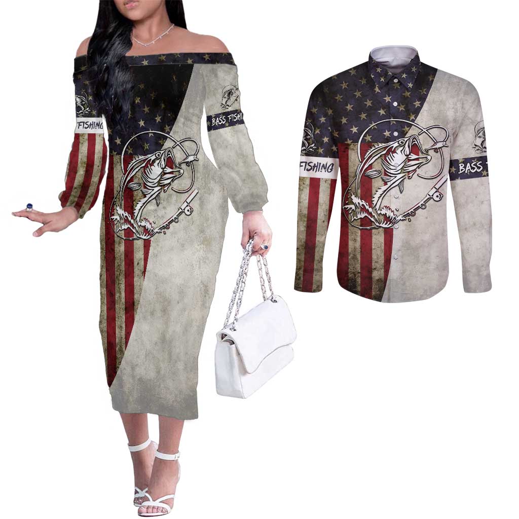 Personalized Distressed American Flag Bass Fishing Couples Matching Off The Shoulder Long Sleeve Dress and Long Sleeve Button Shirt Hooked Fish and Rustic Vintage Theme - Wonder Print Shop