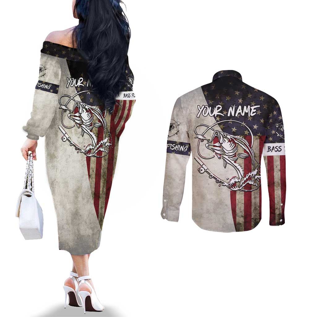 Personalized Distressed American Flag Bass Fishing Couples Matching Off The Shoulder Long Sleeve Dress and Long Sleeve Button Shirt Hooked Fish and Rustic Vintage Theme - Wonder Print Shop