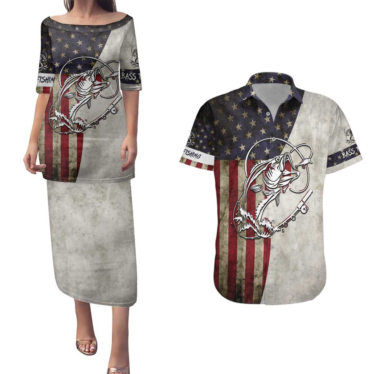Personalized Distressed American Flag Bass Fishing Couples Matching Puletasi and Hawaiian Shirt Hooked Fish and Rustic Vintage Theme - Wonder Print Shop