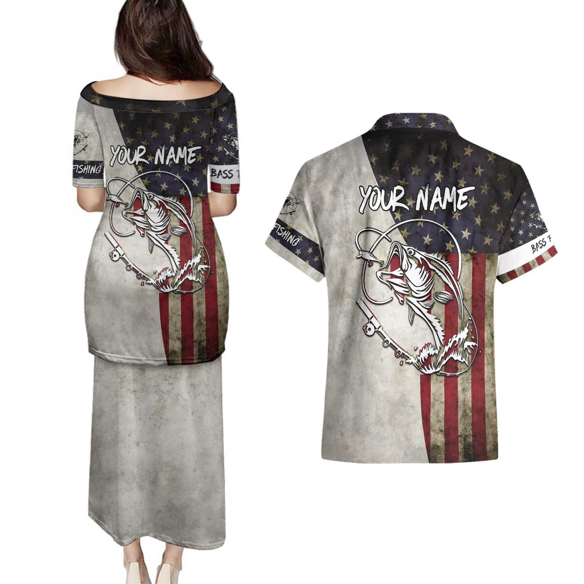 Personalized Distressed American Flag Bass Fishing Couples Matching Puletasi and Hawaiian Shirt Hooked Fish and Rustic Vintage Theme - Wonder Print Shop