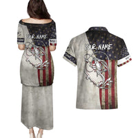 Personalized Distressed American Flag Bass Fishing Couples Matching Puletasi and Hawaiian Shirt Hooked Fish and Rustic Vintage Theme - Wonder Print Shop