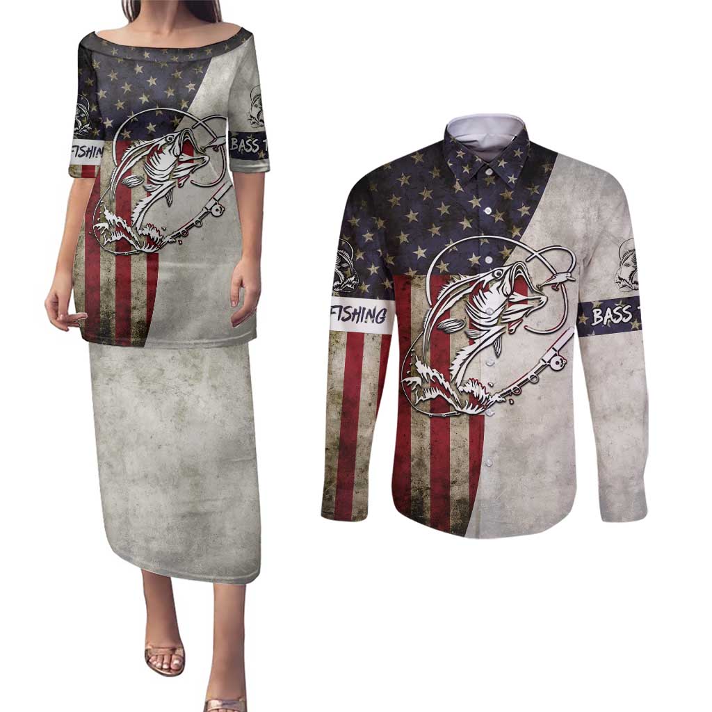Personalized Distressed American Flag Bass Fishing Couples Matching Puletasi and Long Sleeve Button Shirt Hooked Fish and Rustic Vintage Theme - Wonder Print Shop