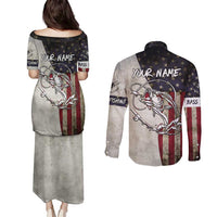 Personalized Distressed American Flag Bass Fishing Couples Matching Puletasi and Long Sleeve Button Shirt Hooked Fish and Rustic Vintage Theme - Wonder Print Shop