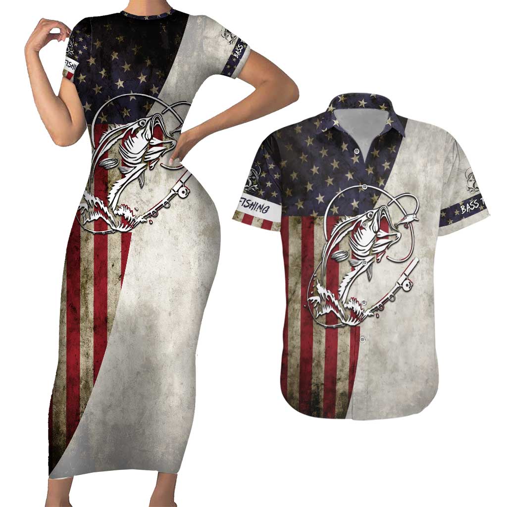 Personalized Distressed American Flag Bass Fishing Couples Matching Short Sleeve Bodycon Dress and Hawaiian Shirt Hooked Fish and Rustic Vintage Theme - Wonder Print Shop