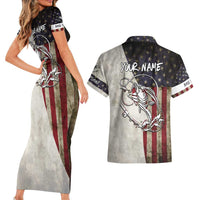 Personalized Distressed American Flag Bass Fishing Couples Matching Short Sleeve Bodycon Dress and Hawaiian Shirt Hooked Fish and Rustic Vintage Theme - Wonder Print Shop