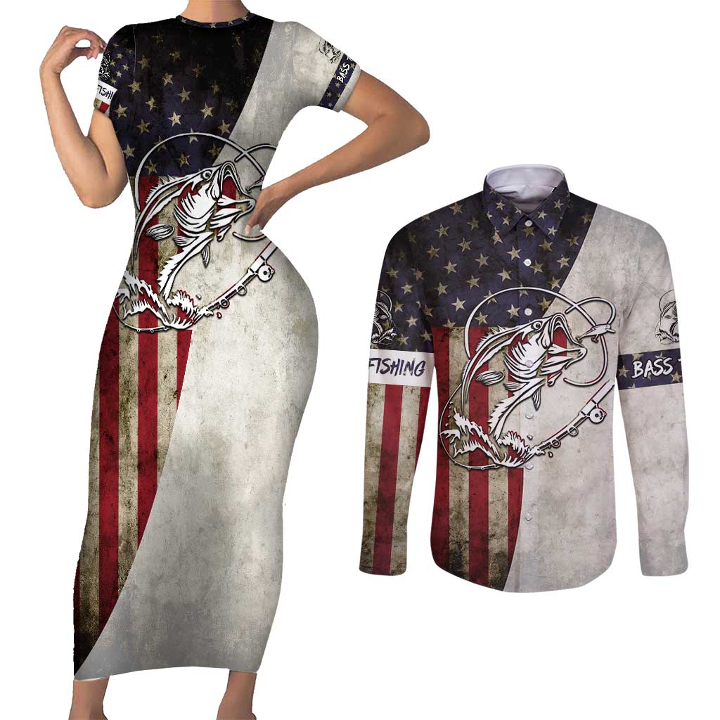 Personalized Distressed American Flag Bass Fishing Couples Matching Short Sleeve Bodycon Dress and Long Sleeve Button Shirt Hooked Fish and Rustic Vintage Theme - Wonder Print Shop