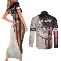 Personalized Distressed American Flag Bass Fishing Couples Matching Short Sleeve Bodycon Dress and Long Sleeve Button Shirt Hooked Fish and Rustic Vintage Theme - Wonder Print Shop
