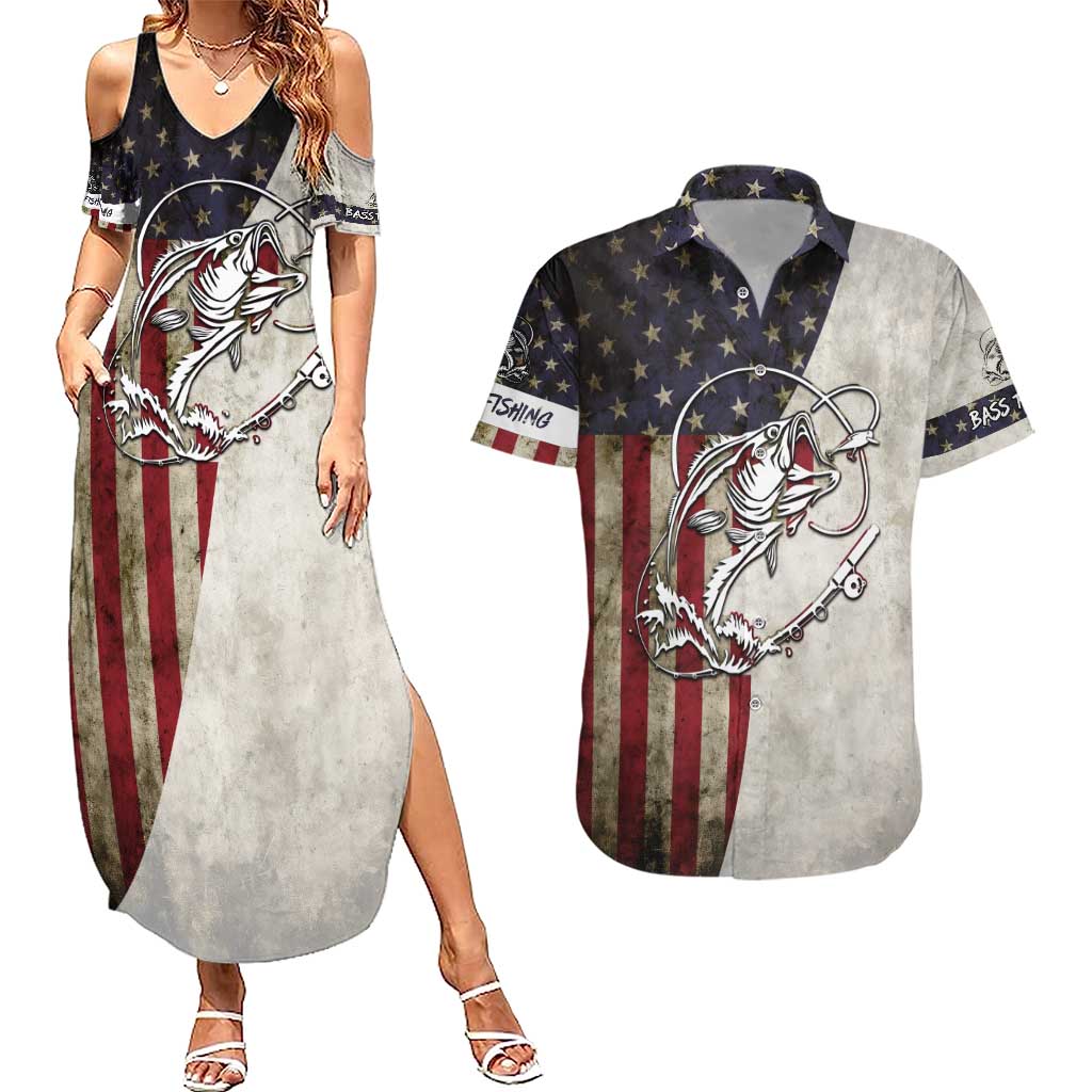 Personalized Distressed American Flag Bass Fishing Couples Matching Summer Maxi Dress and Hawaiian Shirt Hooked Fish and Rustic Vintage Theme - Wonder Print Shop