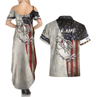 Personalized Distressed American Flag Bass Fishing Couples Matching Summer Maxi Dress and Hawaiian Shirt Hooked Fish and Rustic Vintage Theme - Wonder Print Shop