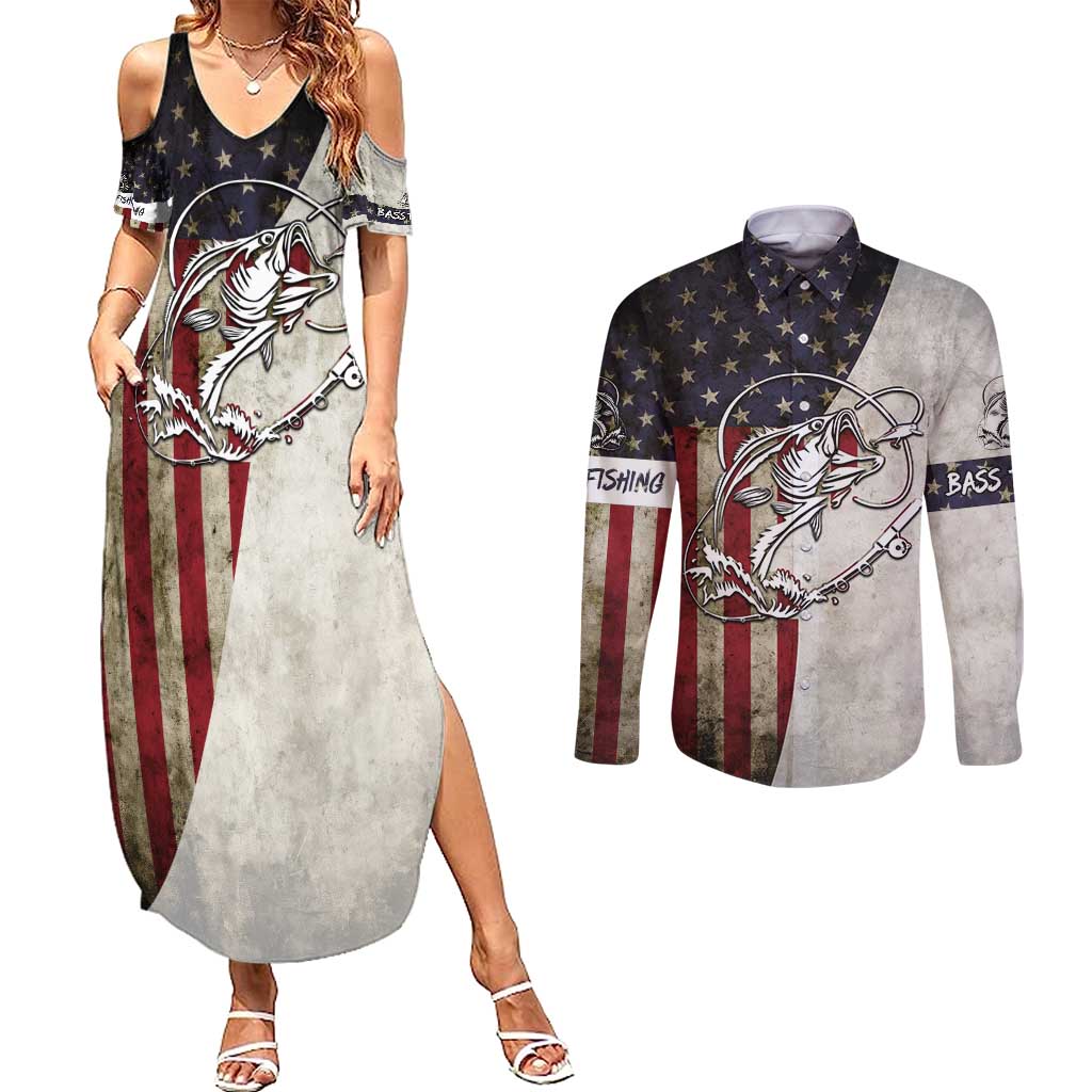 Personalized Distressed American Flag Bass Fishing Couples Matching Summer Maxi Dress and Long Sleeve Button Shirt Hooked Fish and Rustic Vintage Theme - Wonder Print Shop