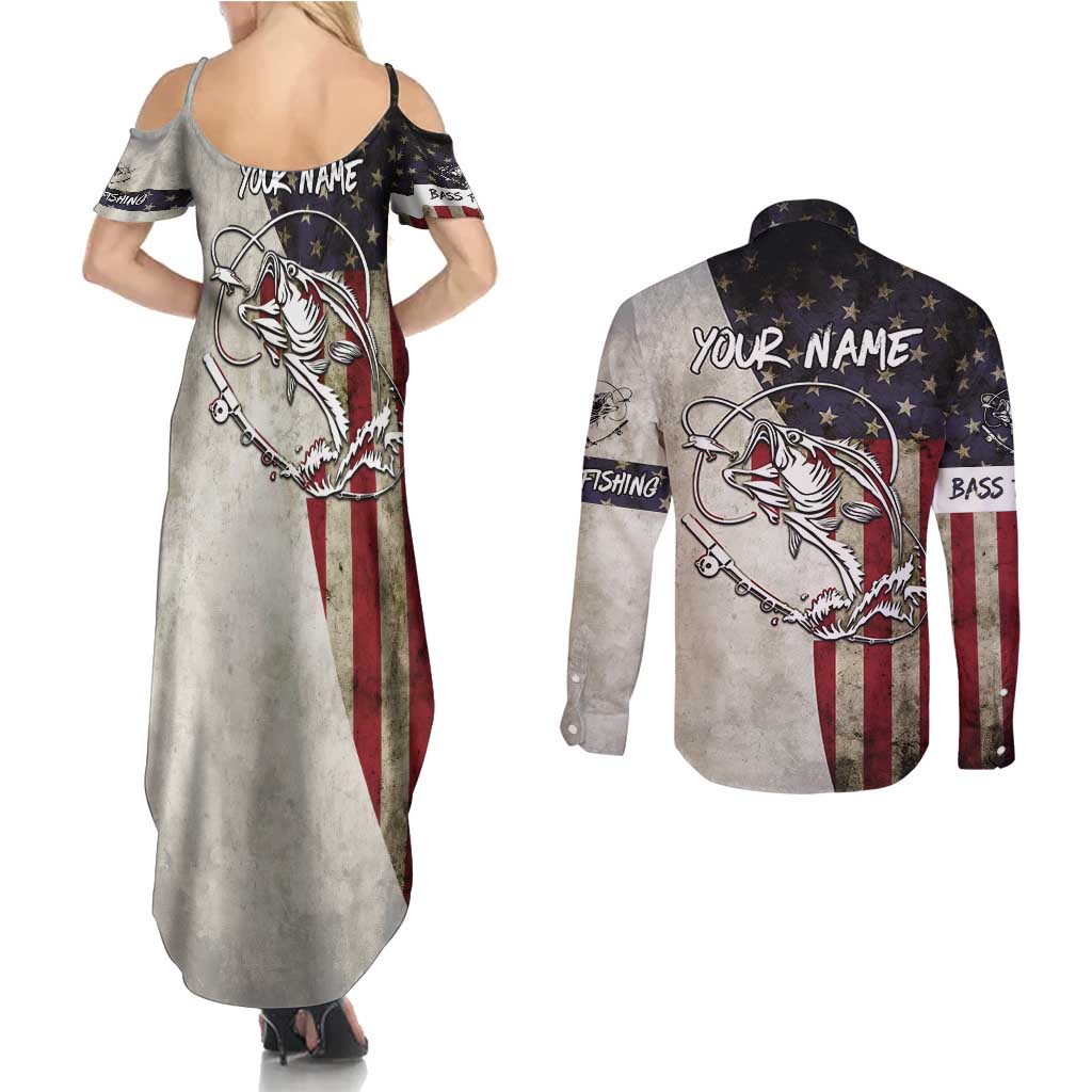 Personalized Distressed American Flag Bass Fishing Couples Matching Summer Maxi Dress and Long Sleeve Button Shirt Hooked Fish and Rustic Vintage Theme - Wonder Print Shop