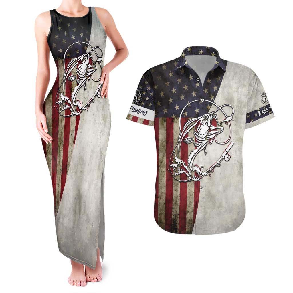 Personalized Distressed American Flag Bass Fishing Couples Matching Tank Maxi Dress and Hawaiian Shirt Hooked Fish and Rustic Vintage Theme - Wonder Print Shop