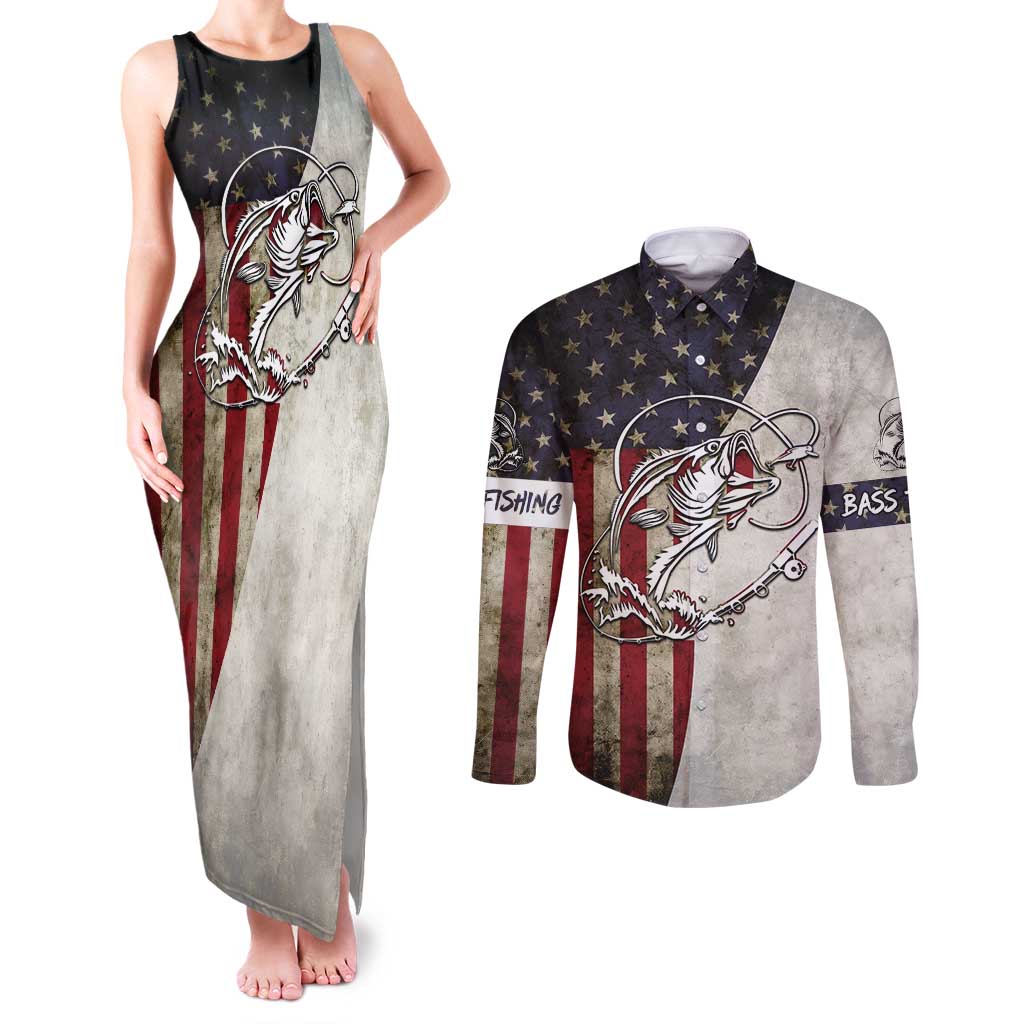 Personalized Distressed American Flag Bass Fishing Couples Matching Tank Maxi Dress and Long Sleeve Button Shirt Hooked Fish and Rustic Vintage Theme - Wonder Print Shop