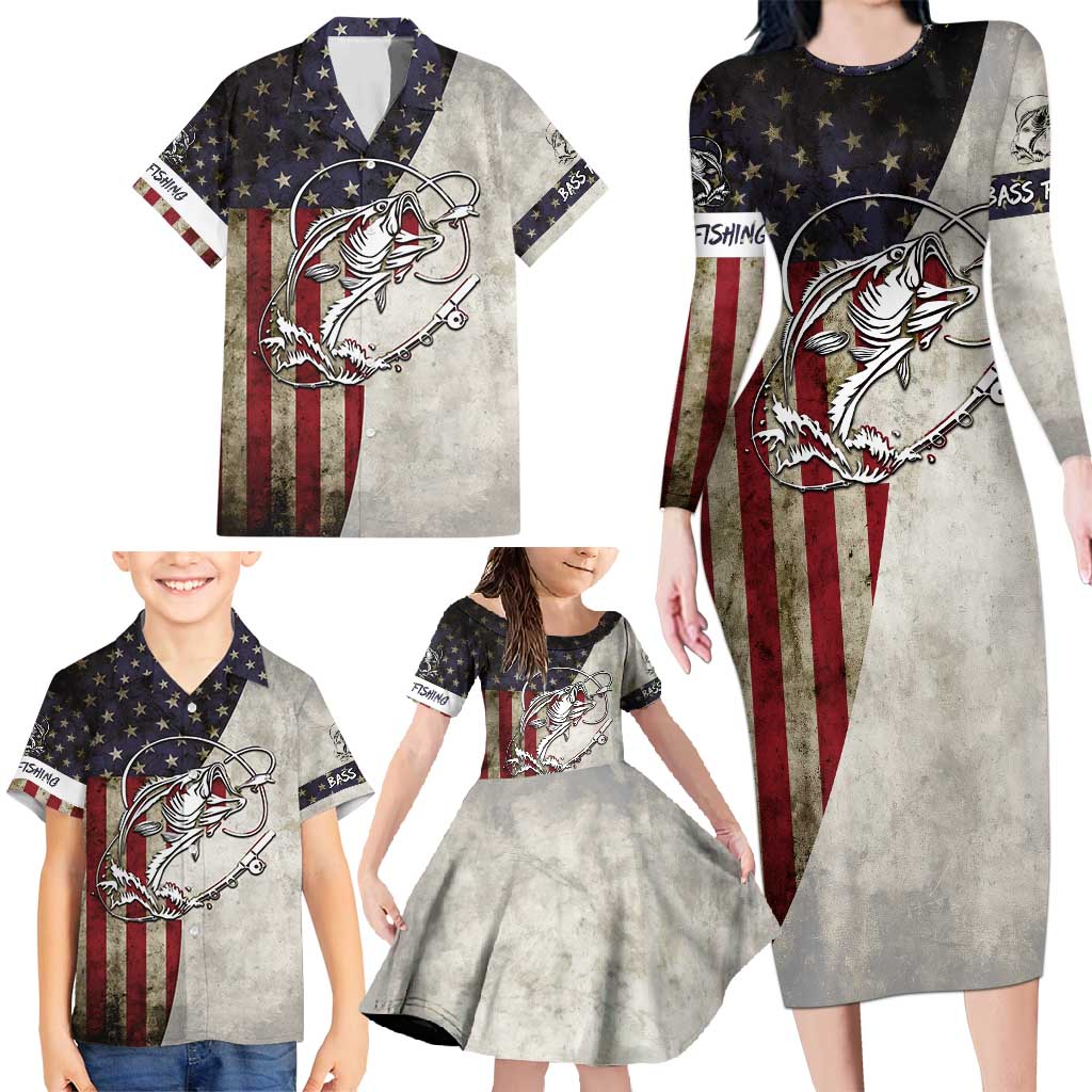 Personalized Distressed American Flag Bass Fishing Family Matching Long Sleeve Bodycon Dress and Hawaiian Shirt Hooked Fish and Rustic Vintage Theme - Wonder Print Shop