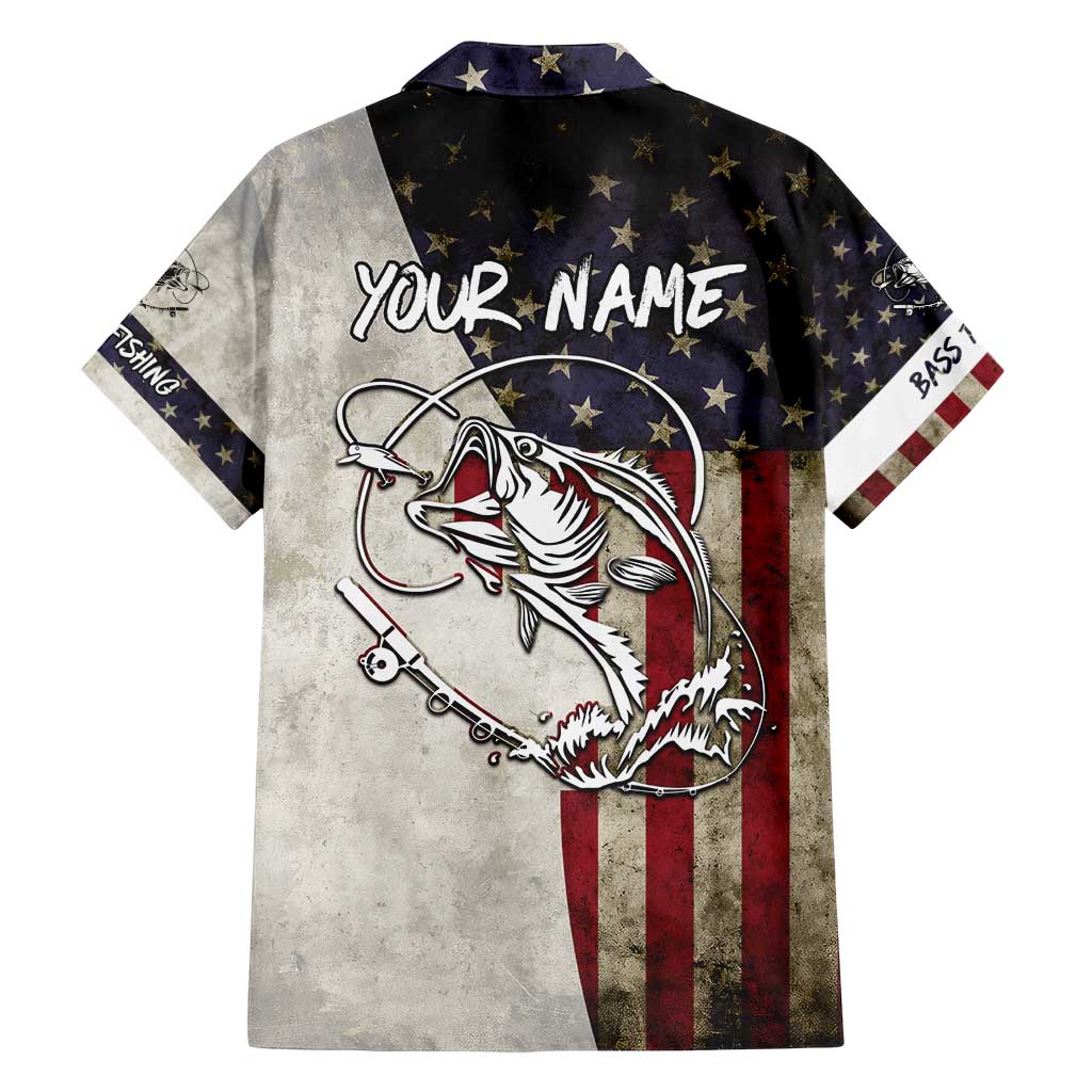 Personalized Distressed American Flag Bass Fishing Family Matching Long Sleeve Bodycon Dress and Hawaiian Shirt Hooked Fish and Rustic Vintage Theme - Wonder Print Shop