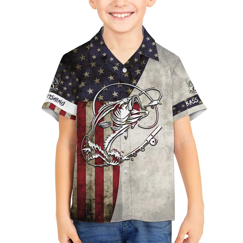 Personalized Distressed American Flag Bass Fishing Family Matching Long Sleeve Bodycon Dress and Hawaiian Shirt Hooked Fish and Rustic Vintage Theme - Wonder Print Shop