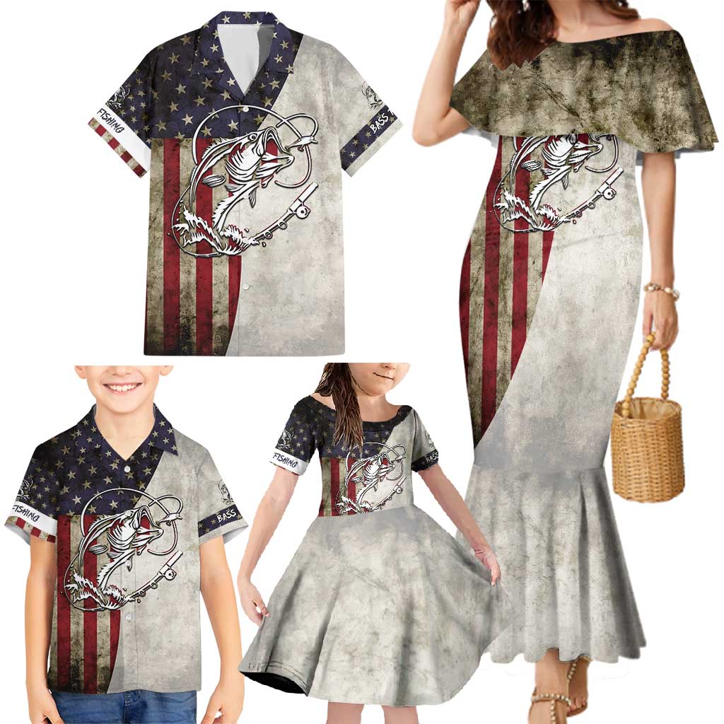 Personalized Distressed American Flag Bass Fishing Family Matching Mermaid Dress and Hawaiian Shirt Hooked Fish and Rustic Vintage Theme - Wonder Print Shop