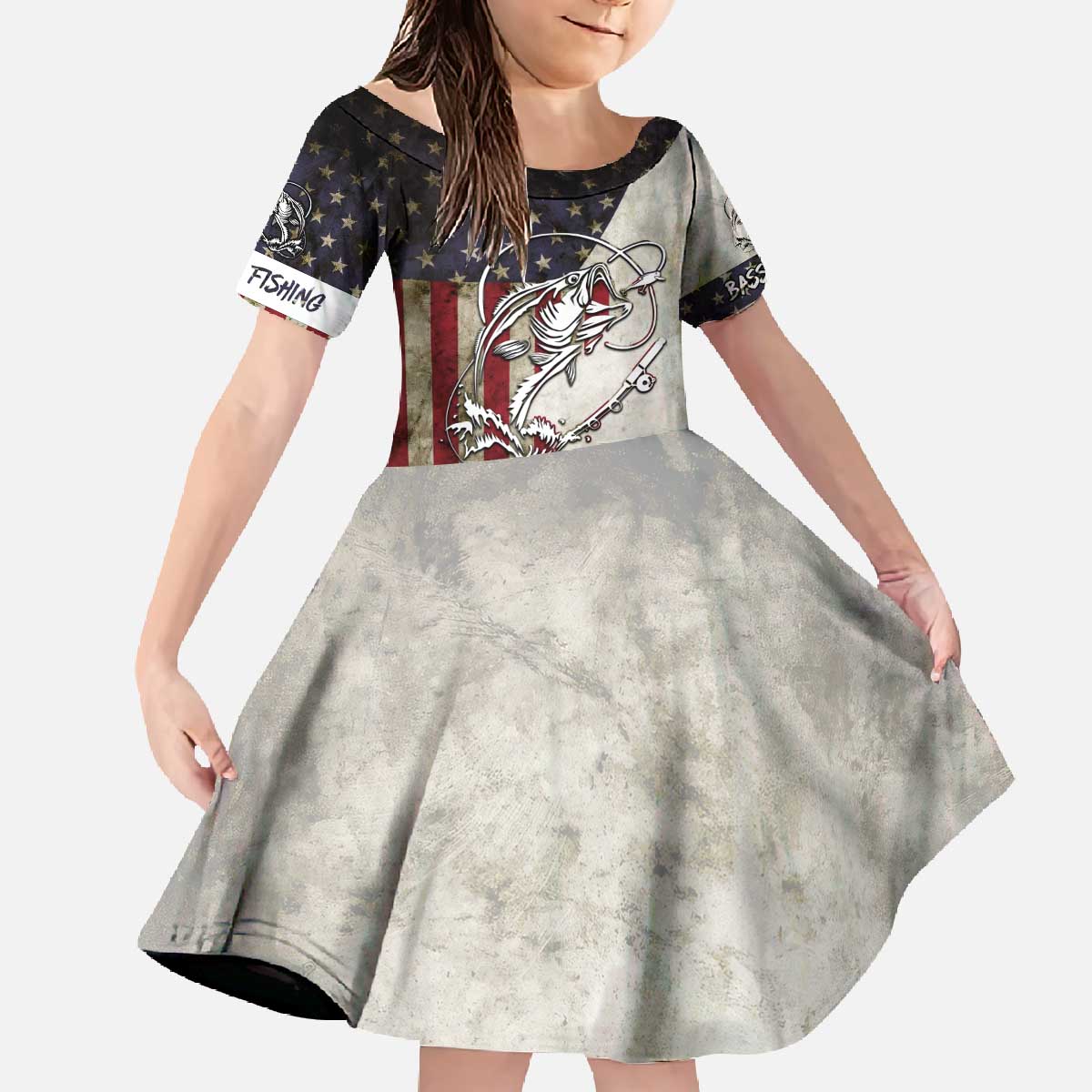 Personalized Distressed American Flag Bass Fishing Family Matching Off The Shoulder Long Sleeve Dress and Hawaiian Shirt Hooked Fish and Rustic Vintage Theme - Wonder Print Shop