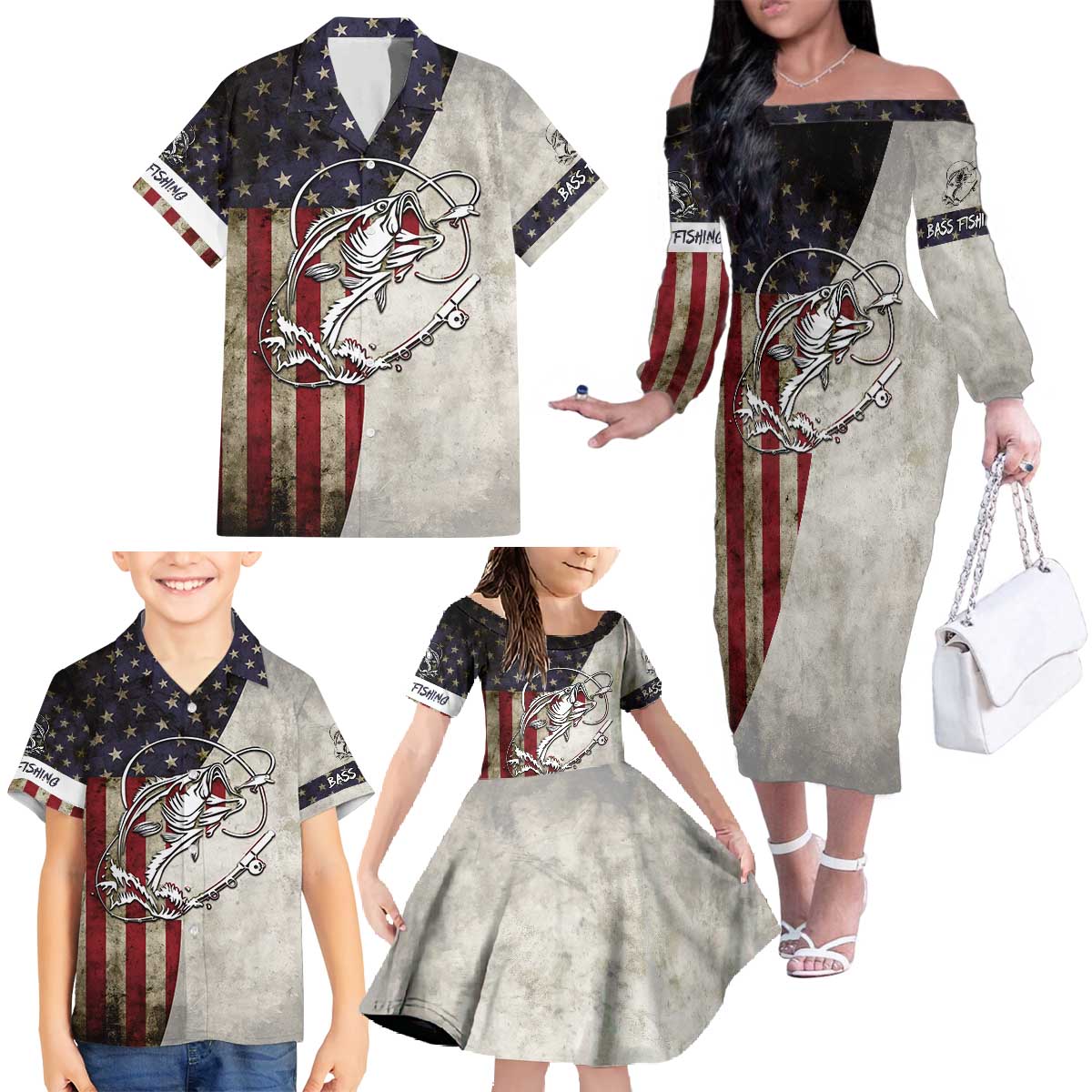 Personalized Distressed American Flag Bass Fishing Family Matching Off The Shoulder Long Sleeve Dress and Hawaiian Shirt Hooked Fish and Rustic Vintage Theme - Wonder Print Shop