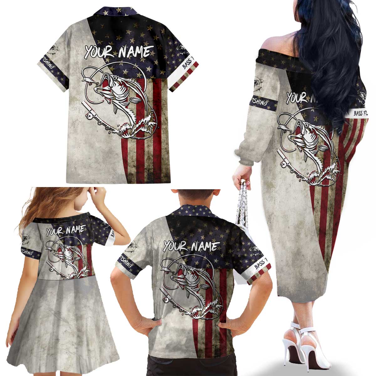 Personalized Distressed American Flag Bass Fishing Family Matching Off The Shoulder Long Sleeve Dress and Hawaiian Shirt Hooked Fish and Rustic Vintage Theme - Wonder Print Shop