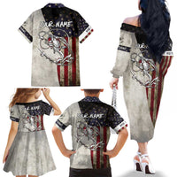 Personalized Distressed American Flag Bass Fishing Family Matching Off The Shoulder Long Sleeve Dress and Hawaiian Shirt Hooked Fish and Rustic Vintage Theme - Wonder Print Shop