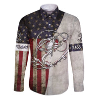 Personalized Distressed American Flag Bass Fishing Family Matching Off The Shoulder Long Sleeve Dress and Hawaiian Shirt Hooked Fish and Rustic Vintage Theme - Wonder Print Shop
