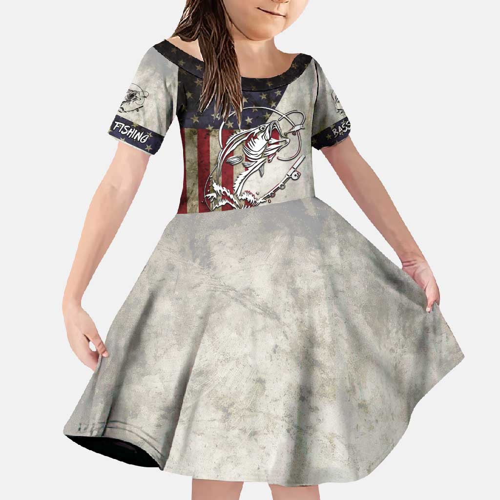Personalized Distressed American Flag Bass Fishing Family Matching Off Shoulder Maxi Dress and Hawaiian Shirt Hooked Fish and Rustic Vintage Theme - Wonder Print Shop