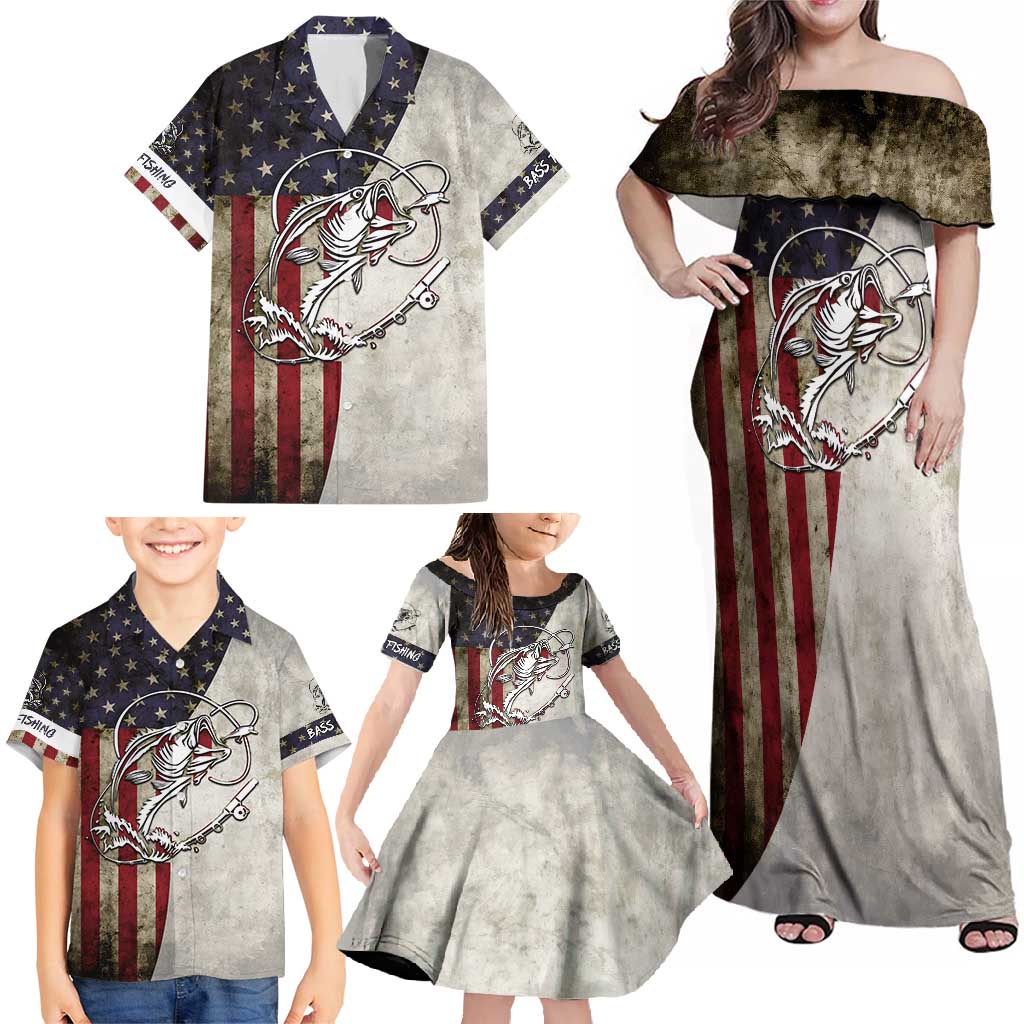 Personalized Distressed American Flag Bass Fishing Family Matching Off Shoulder Maxi Dress and Hawaiian Shirt Hooked Fish and Rustic Vintage Theme - Wonder Print Shop