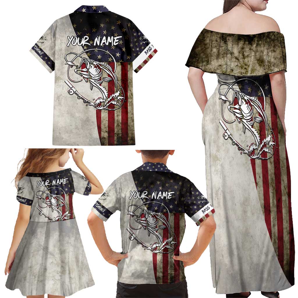 Personalized Distressed American Flag Bass Fishing Family Matching Off Shoulder Maxi Dress and Hawaiian Shirt Hooked Fish and Rustic Vintage Theme - Wonder Print Shop