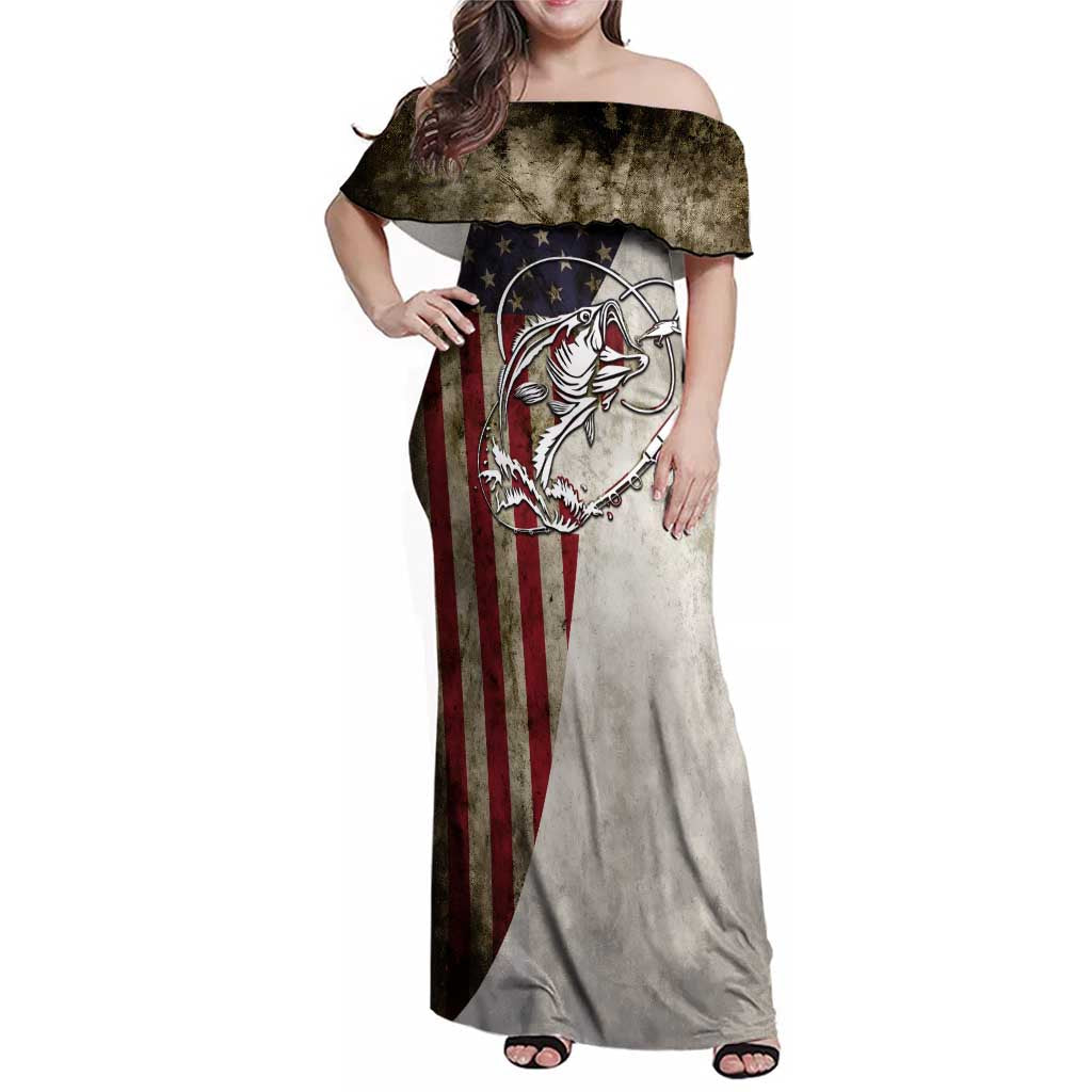 Personalized Distressed American Flag Bass Fishing Family Matching Off Shoulder Maxi Dress and Hawaiian Shirt Hooked Fish and Rustic Vintage Theme - Wonder Print Shop
