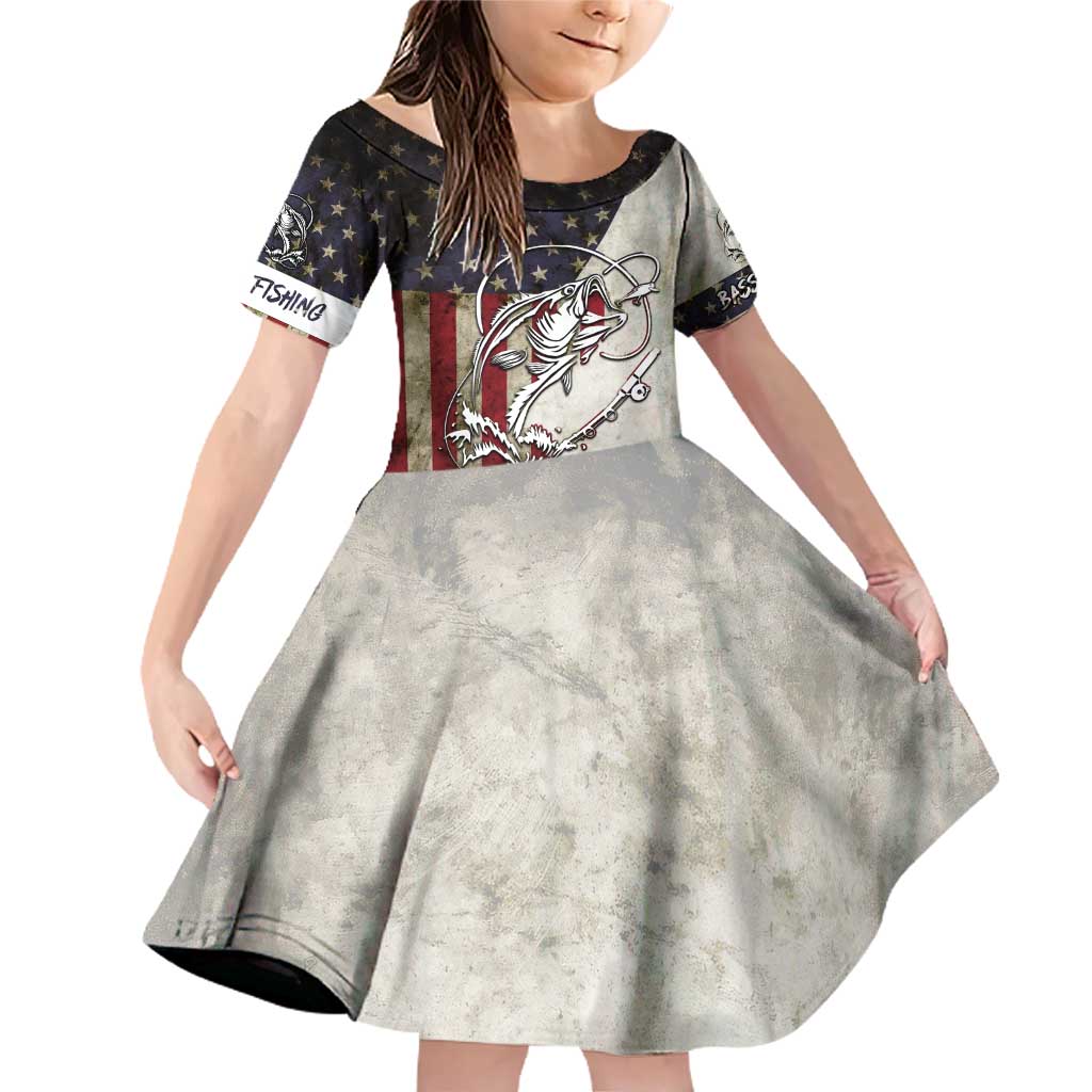 Personalized Distressed American Flag Bass Fishing Family Matching Off Shoulder Short Dress and Hawaiian Shirt Hooked Fish and Rustic Vintage Theme - Wonder Print Shop
