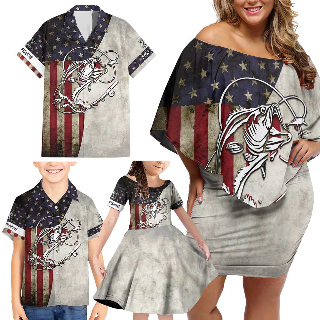 Personalized Distressed American Flag Bass Fishing Family Matching Off Shoulder Short Dress and Hawaiian Shirt Hooked Fish and Rustic Vintage Theme - Wonder Print Shop