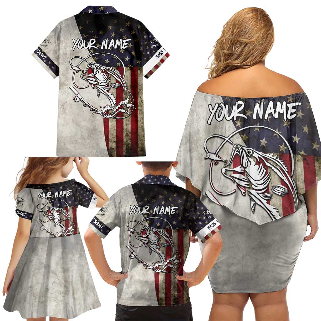 Personalized Distressed American Flag Bass Fishing Family Matching Off Shoulder Short Dress and Hawaiian Shirt Hooked Fish and Rustic Vintage Theme - Wonder Print Shop