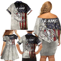 Personalized Distressed American Flag Bass Fishing Family Matching Off Shoulder Short Dress and Hawaiian Shirt Hooked Fish and Rustic Vintage Theme - Wonder Print Shop