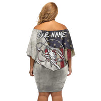 Personalized Distressed American Flag Bass Fishing Family Matching Off Shoulder Short Dress and Hawaiian Shirt Hooked Fish and Rustic Vintage Theme - Wonder Print Shop