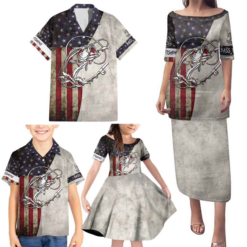 Personalized Distressed American Flag Bass Fishing Family Matching Puletasi and Hawaiian Shirt Hooked Fish and Rustic Vintage Theme - Wonder Print Shop