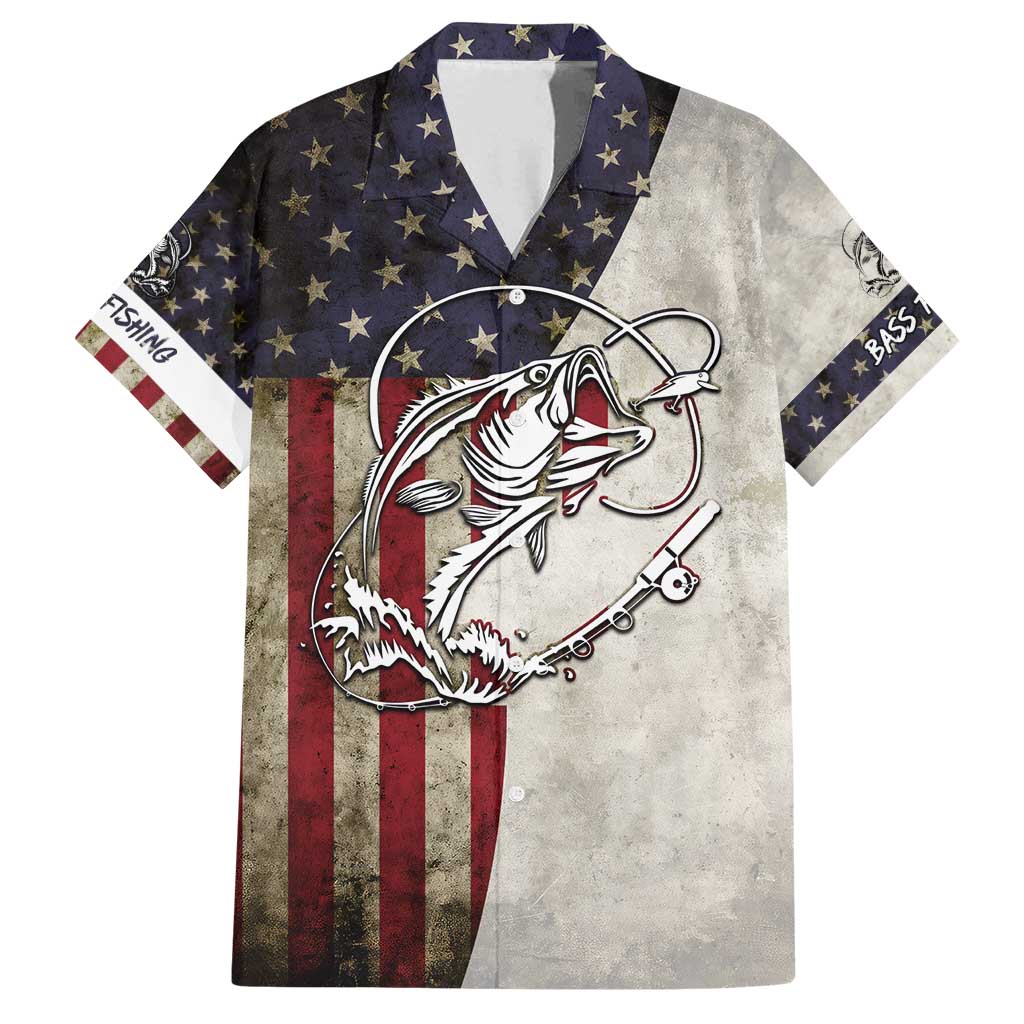 Personalized Distressed American Flag Bass Fishing Family Matching Puletasi and Hawaiian Shirt Hooked Fish and Rustic Vintage Theme - Wonder Print Shop