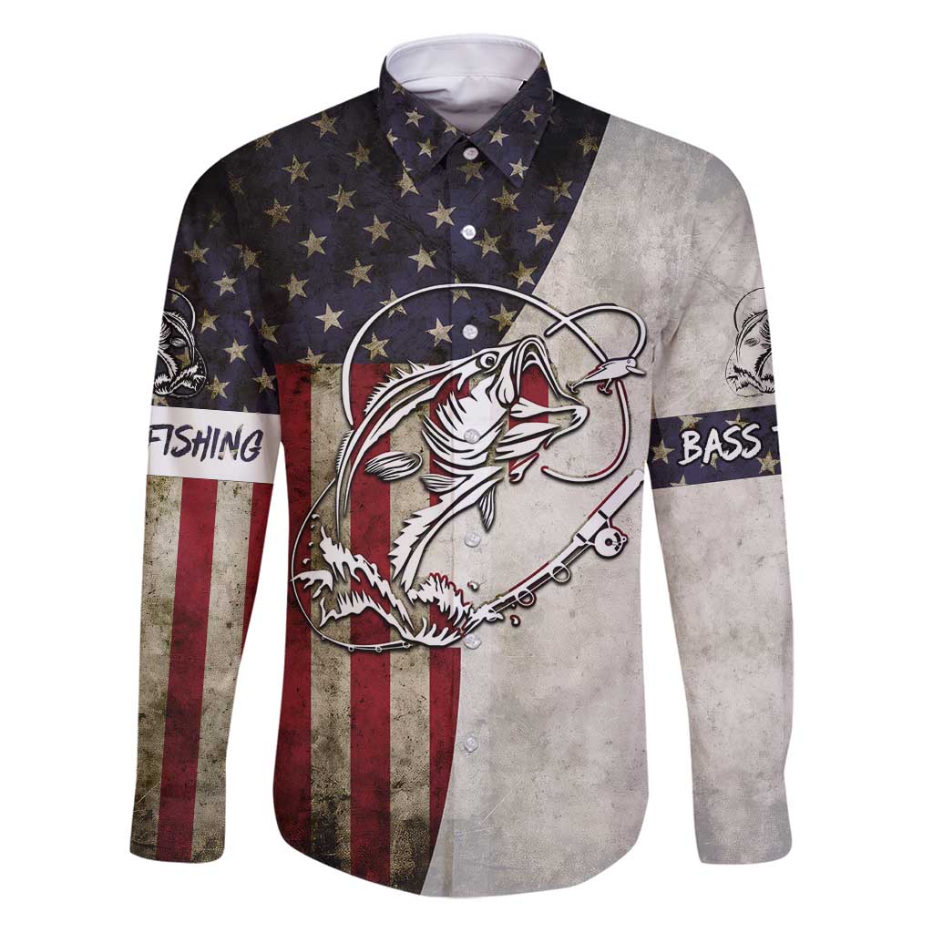 Personalized Distressed American Flag Bass Fishing Family Matching Puletasi and Hawaiian Shirt Hooked Fish and Rustic Vintage Theme - Wonder Print Shop