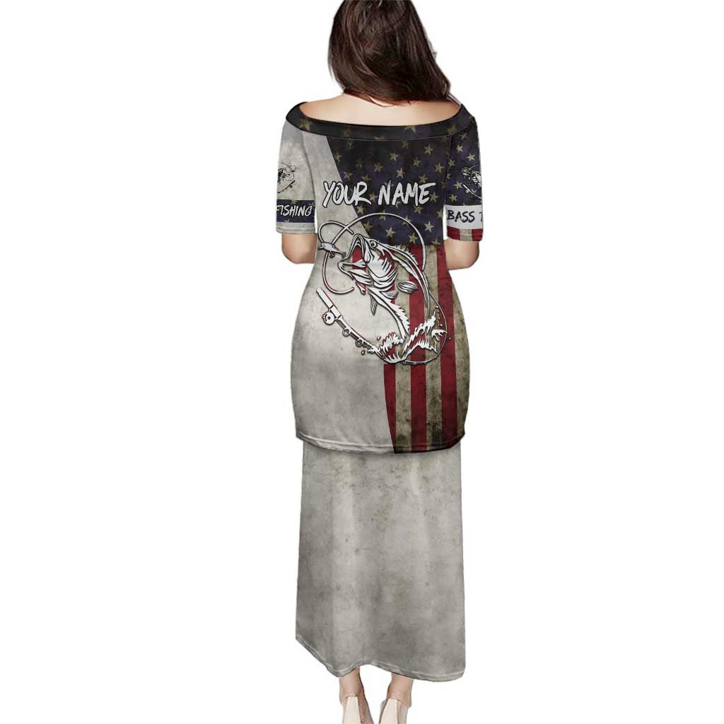 Personalized Distressed American Flag Bass Fishing Family Matching Puletasi and Hawaiian Shirt Hooked Fish and Rustic Vintage Theme - Wonder Print Shop