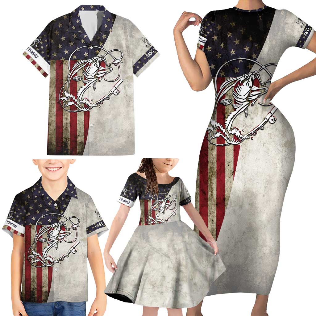 Personalized Distressed American Flag Bass Fishing Family Matching Short Sleeve Bodycon Dress and Hawaiian Shirt Hooked Fish and Rustic Vintage Theme - Wonder Print Shop
